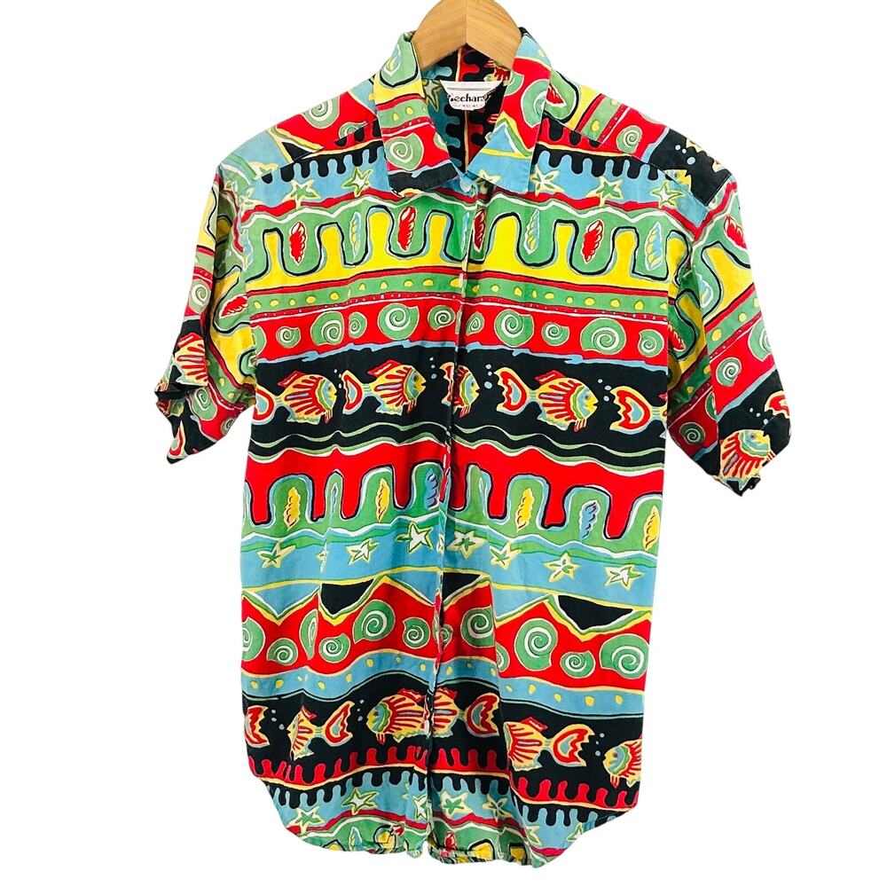 Vintage 90s Bechame Casual Multicolor 100% Cotton Fish Print Button Down Shirt